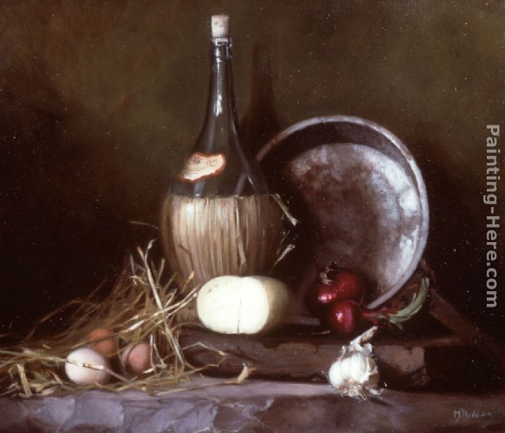 Maureen Hyde Still Life with Wine Flask, Eggs and Cheese